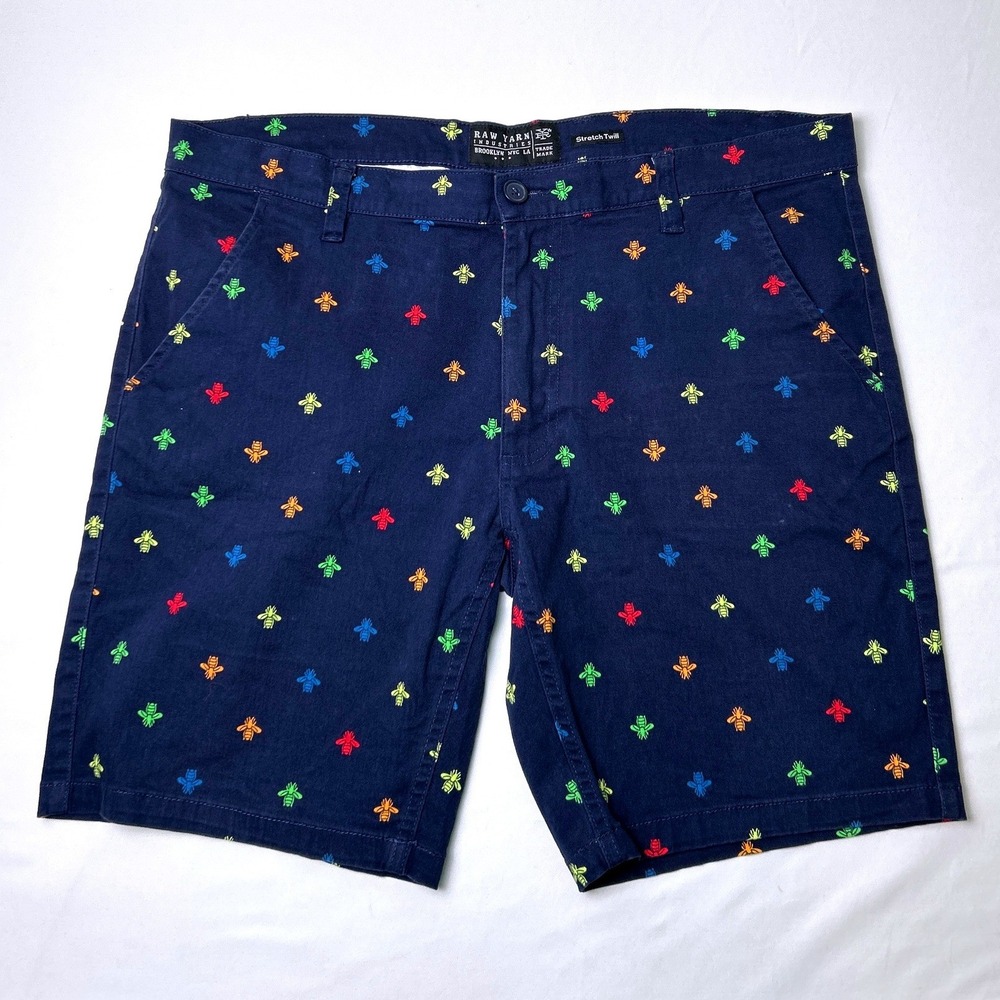 Raw Yarn Industries Mens Rainbow Bumblebee Stretch Twill Shorts Size 36 Navy